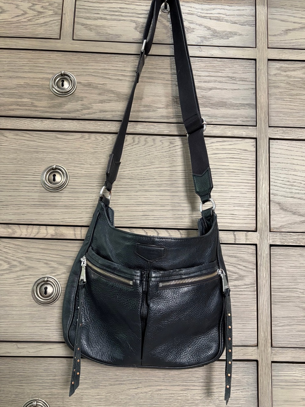 Aimee Kestenberg Black Leather Crossbody Shoulder Bag, Zippers, Designer Purse